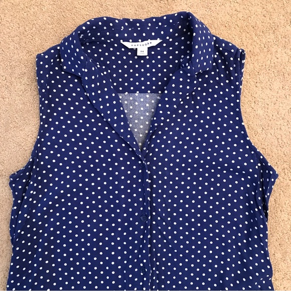 Popsugar Blue Sleeveless Tunic Button Down Top White Polka Dot Womens Medium - Picture 2 of 8